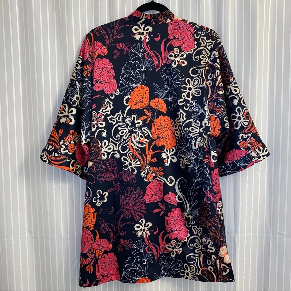 Chico's Silky Kimono Navy/ Pink/ Orange/ Cream Floral size XS - Picture 2 of 7